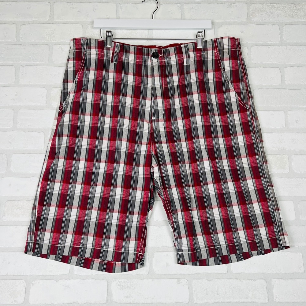 Plaid Shorts Mens Red White Grey Flat Front Casual Preppy Summer Bottoms W40